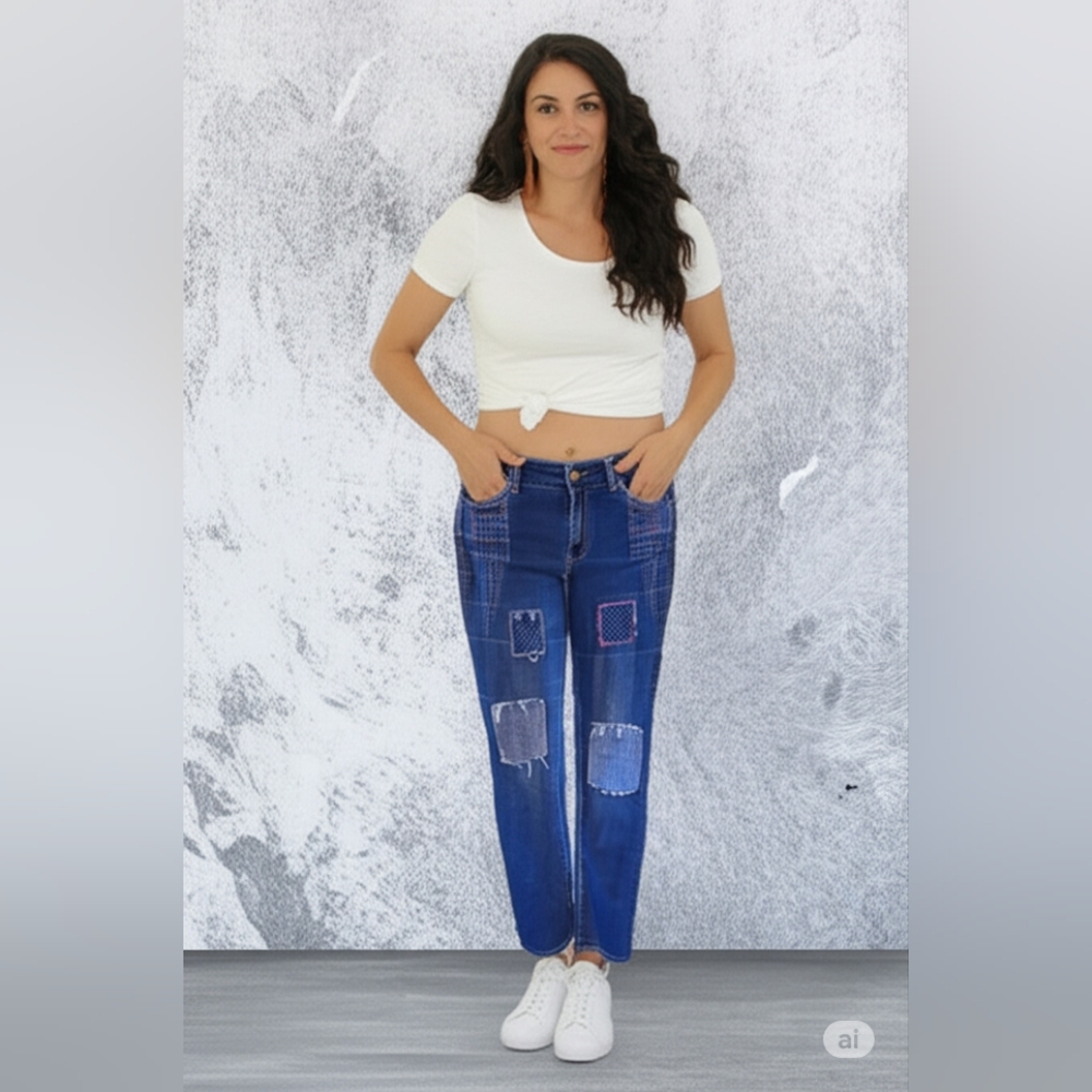 Upcycled Hand crafted geometric embroidered blue jeans